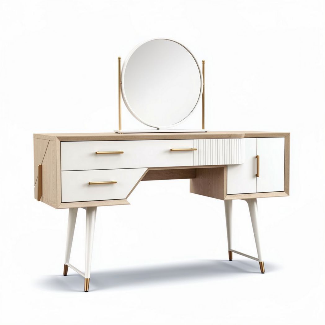 Houten kaptafel met ronde spiegel afmetingen 120 x 45 x 75cm wit en naturel