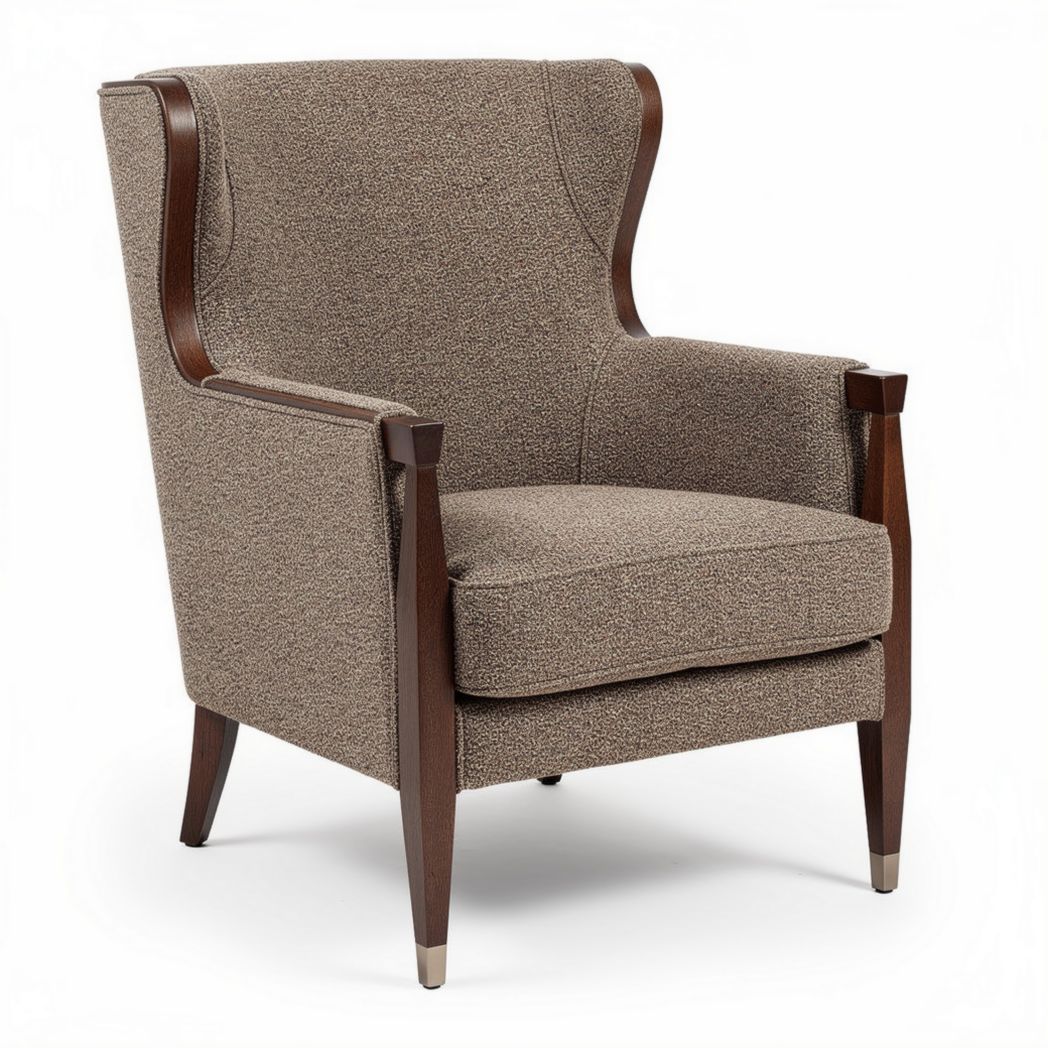 Luxe stoffen fauteuil met houten accenten in bruin en beige 90 x 85 x 100cm