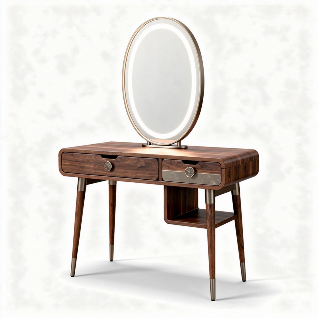 Make-up tafel met ovale spiegel in hout en metaal 100 x 50 x 150cm