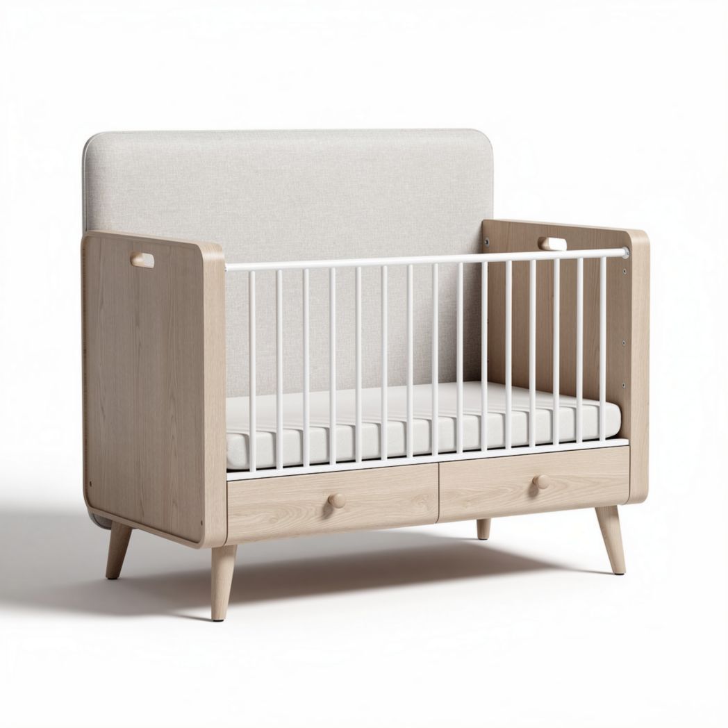 Houten wieg met opbergruimte en matras 120 x 60 x 80cm naturel