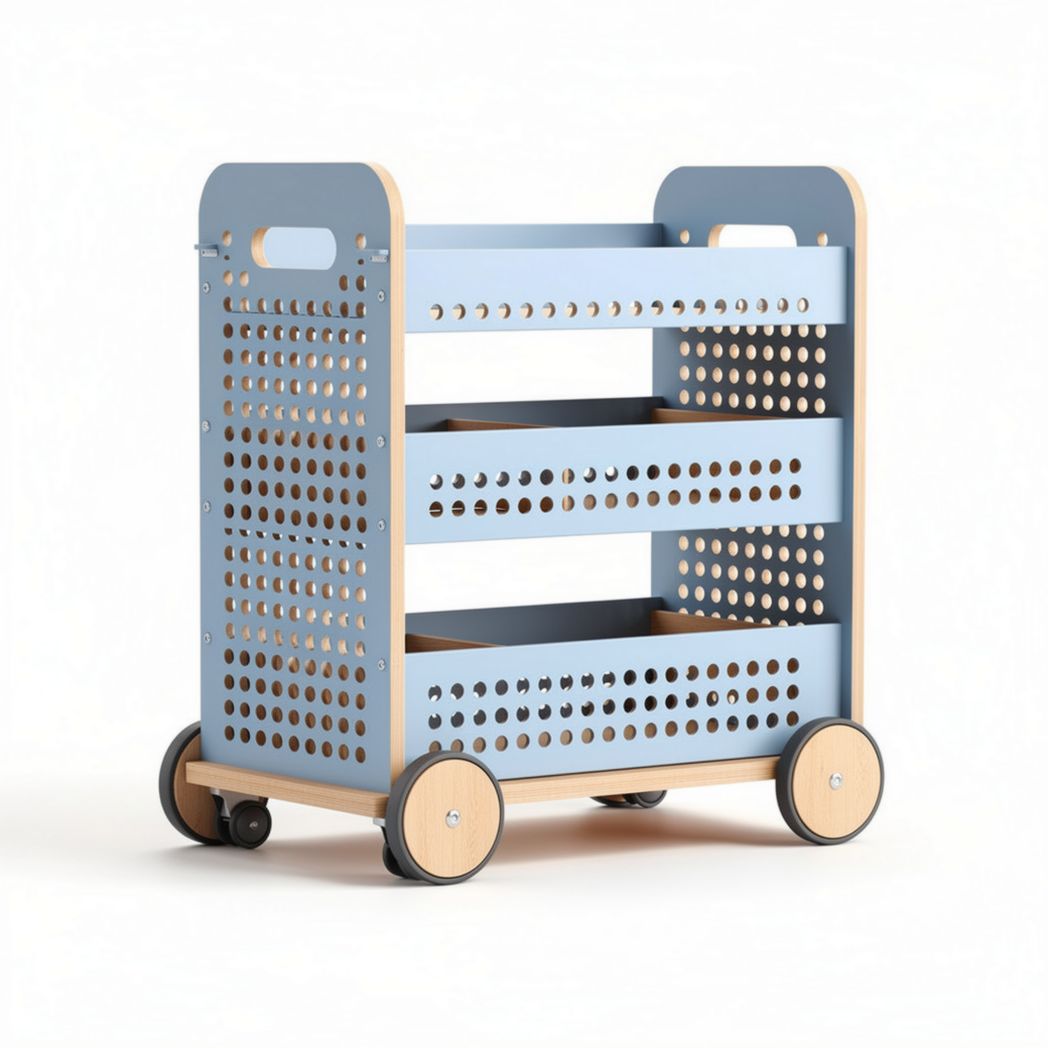 Houten opbergwagen met wielen en perforaties in lichtblauw 70 x 35 x 65cm