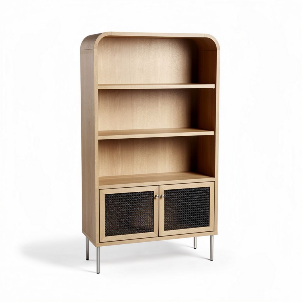 Roze boekenkast met gestreepte planken en lade van bamboe 100 x 40 x 180cm