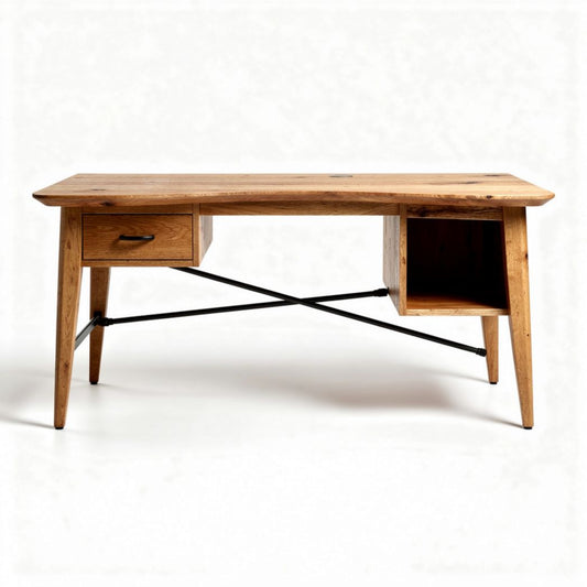 Houten bureau met lades en deuren van 150 x 70 x 75cm in wit en natuurlijk hout